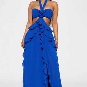 Fashion Nova Blue Asymmetrical Ruffled One Shoulder Gown